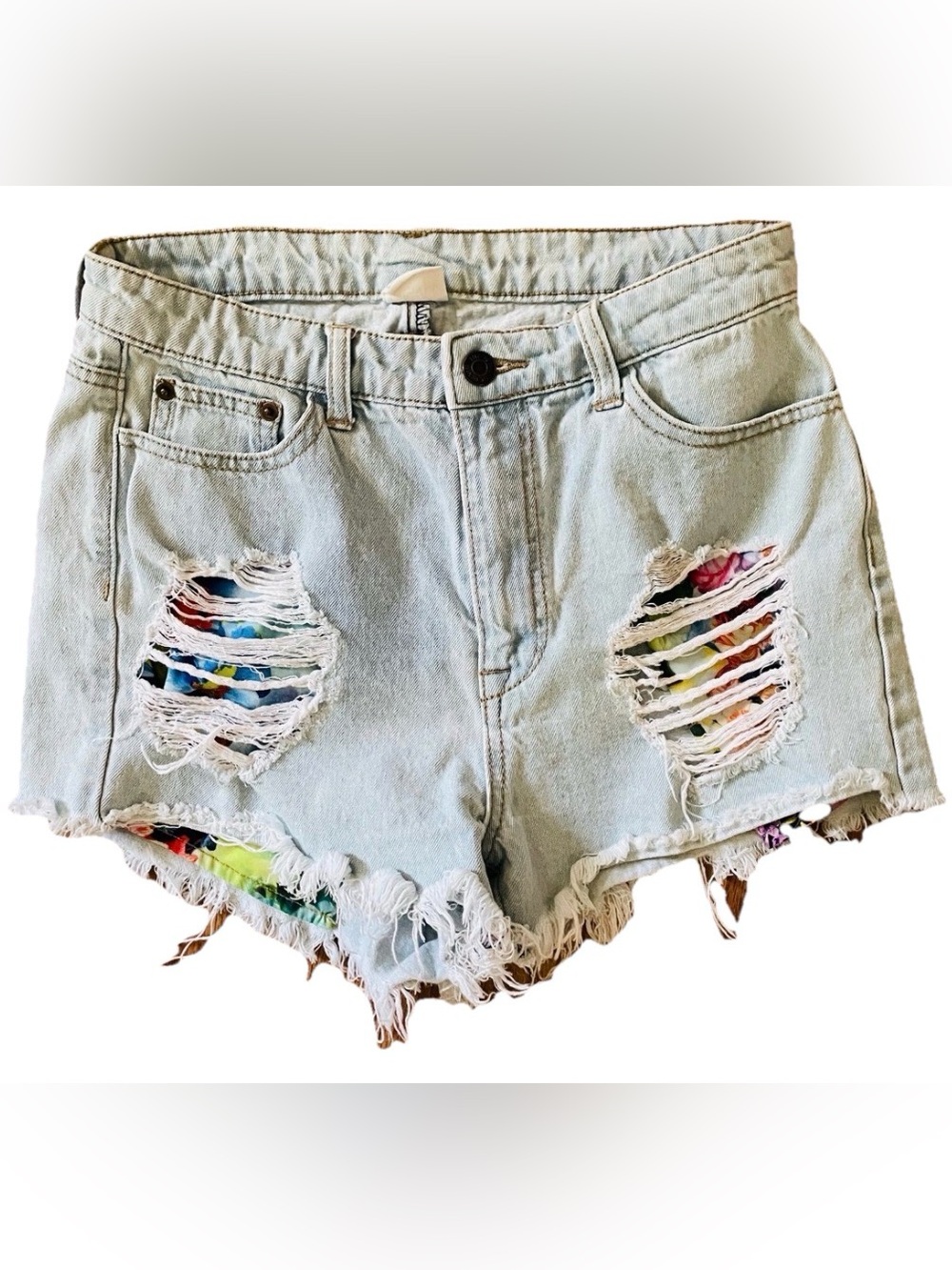 LITZ Distressed FLORAL Lined HIGH-WAISTED Denim Cutoff SHORTS Medium